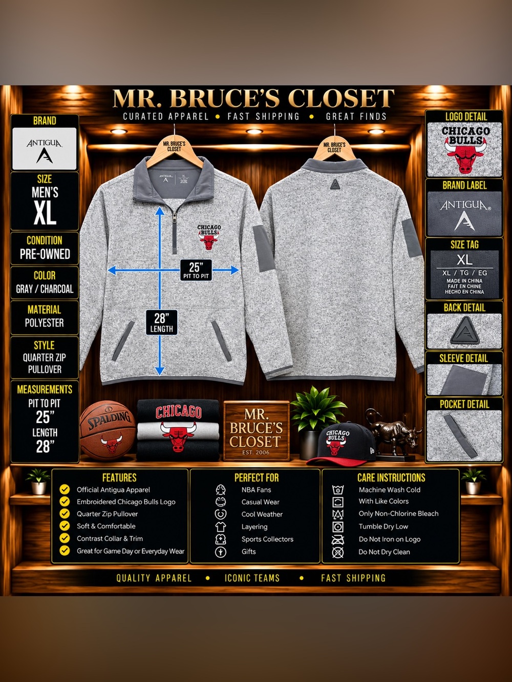 Antigua Gray/Charcoal Chicago Bulls Quarter-Zip Pullover